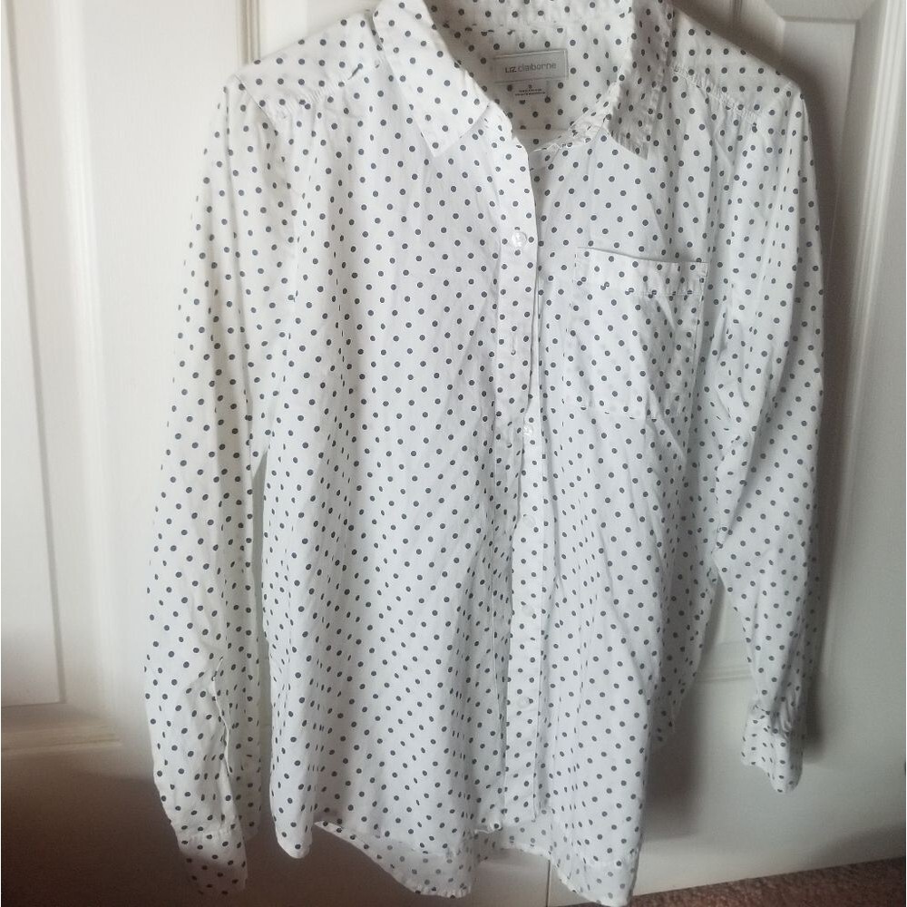 Liz Claiborne Polka Dot Button Up White and Blue Size Small